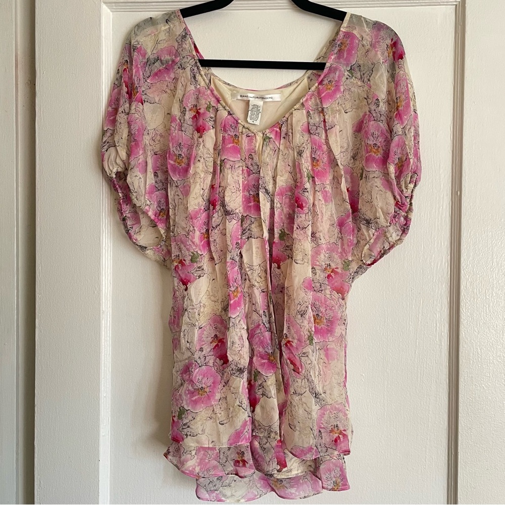 Diane Von Furstenberg Pink Floral Silk Butterfly Y2K Fairy Top